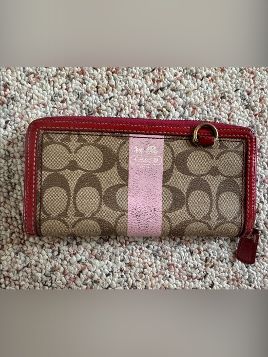 Coach Handbags - Coach Brown Signature Wallet with Pink Stripe and Red Trim
